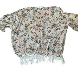 Bishop + Young Anthropologie Abbey Floral‎ Kimono Fringe Beige Small/Medium